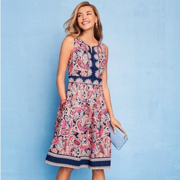 Talbots Fit & Flare Paisley Dress Size 14 Blue Pink White EUC Preppy - Picture 1 of 10